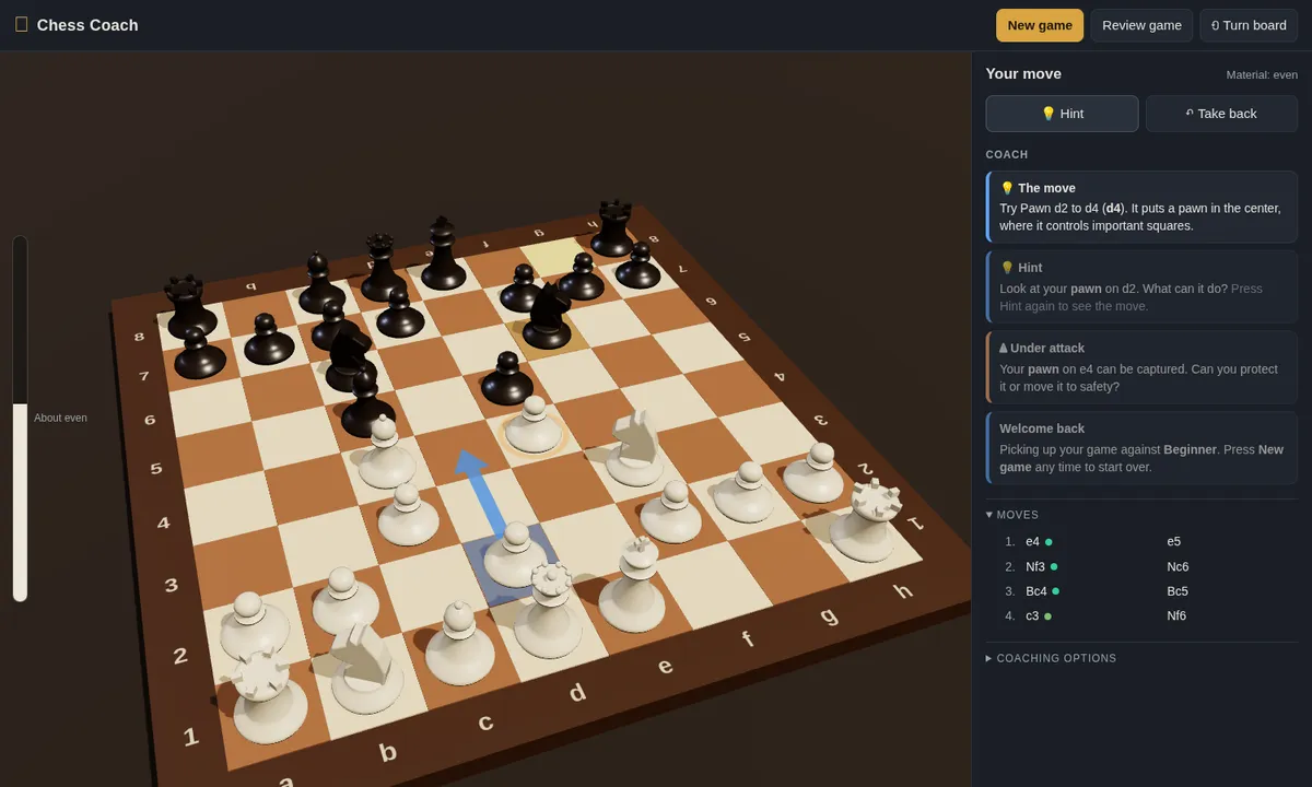 Chess Coach: a 3D chess board with a blue hint arrow on the d-pawn, and the coach panel suggesting d4 because it puts a pawn in the center
