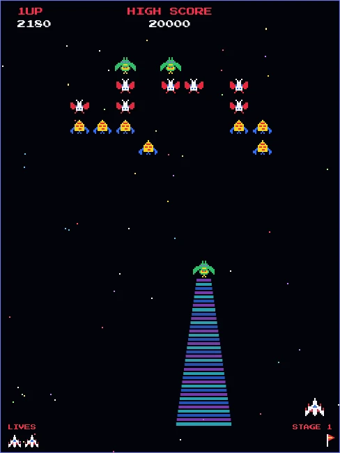 Swarm Strike mid-game: an alien formation at the top while a boss sends its striped tractor beam down toward the player's ship
